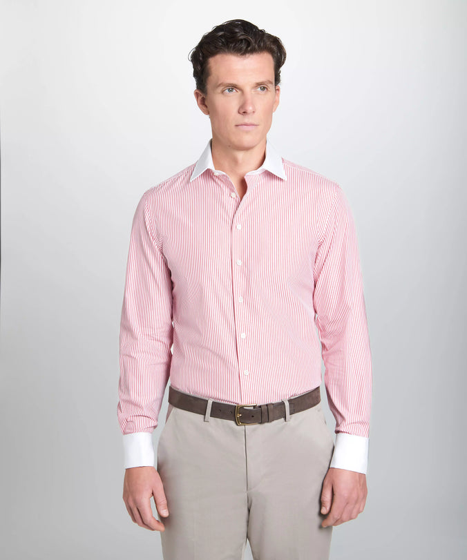 Red & White Tailored Fit Double Cuff Poplin Stripe Formal Shirt