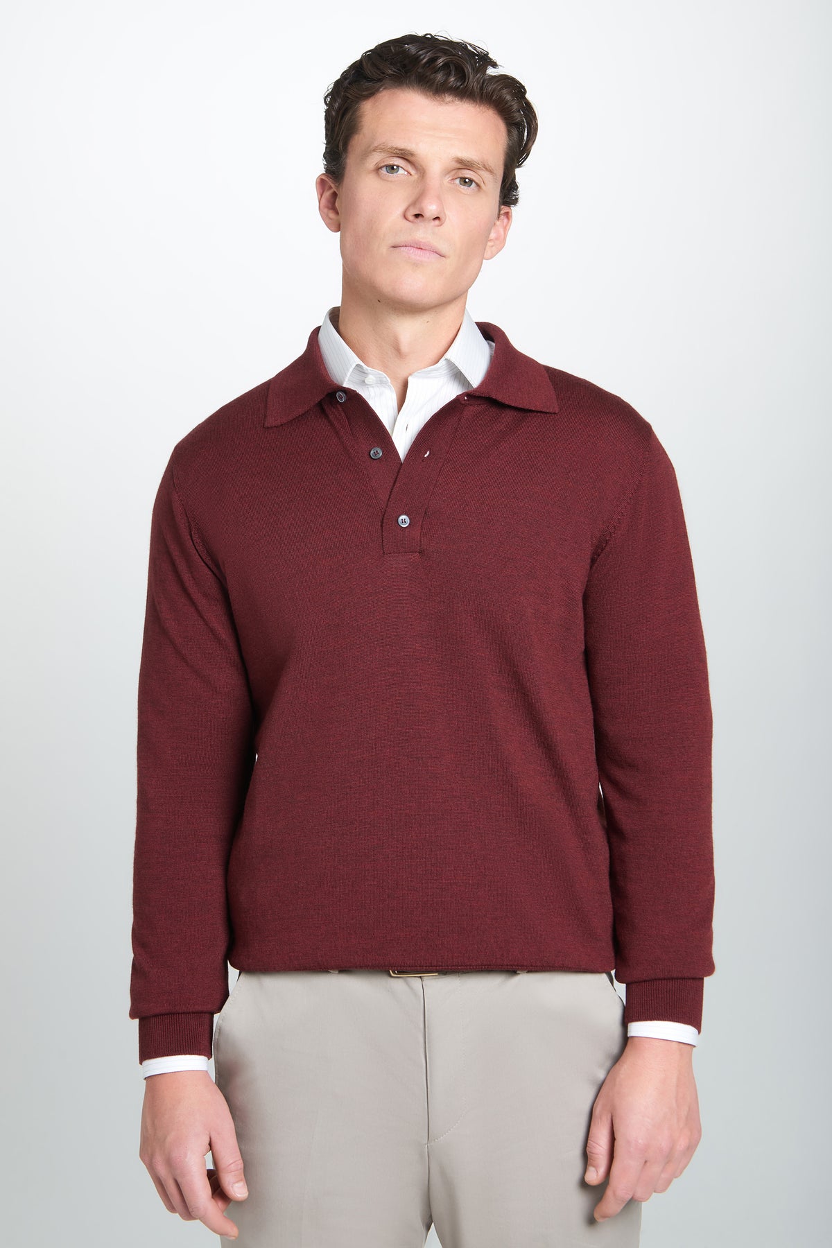Burgundy Merino Wool Long Sleeve Polo Shirt