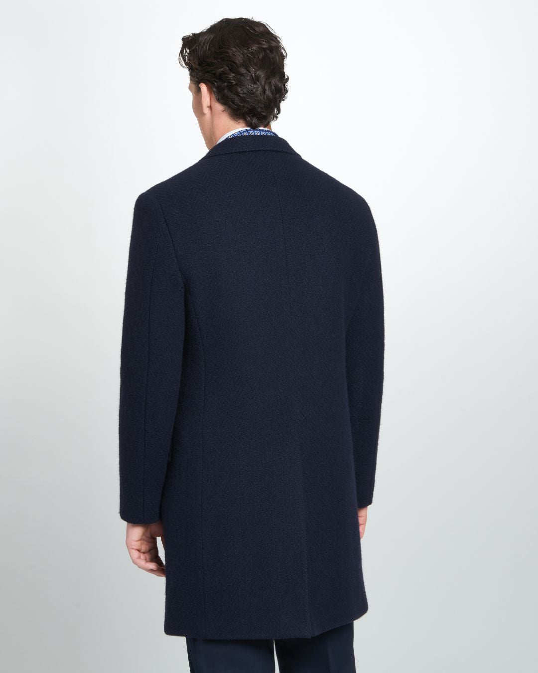 Navy Blue British Wool Herringbone Notch Lapel Overcoat