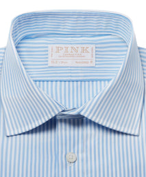 Pale Blue & White Tailored Fit Double Cuff Poplin Bengal Stripe Formal Shirt