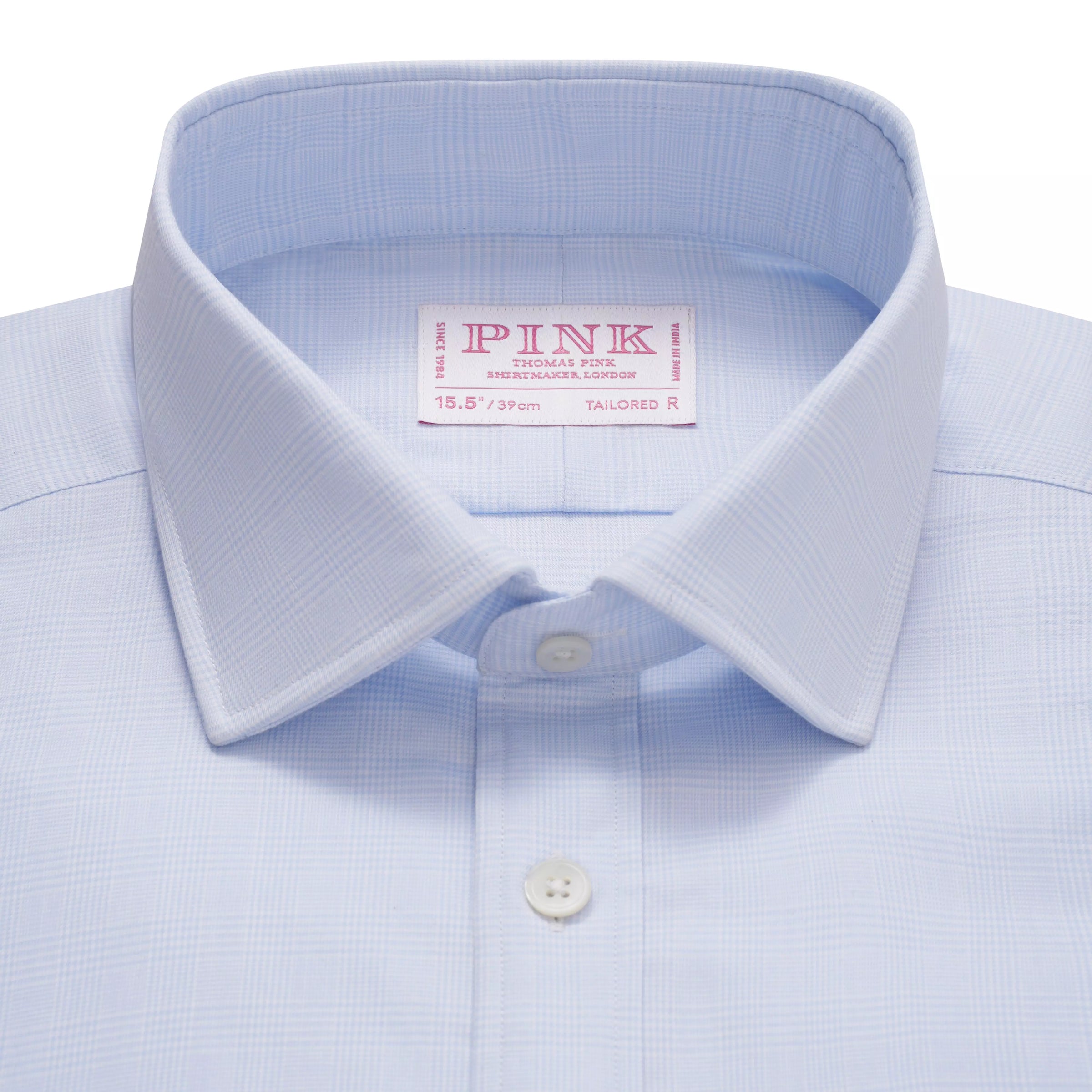 Pale Blue & White Tailored Fit Double Cuff Prince of Wales Check Formal Shirt